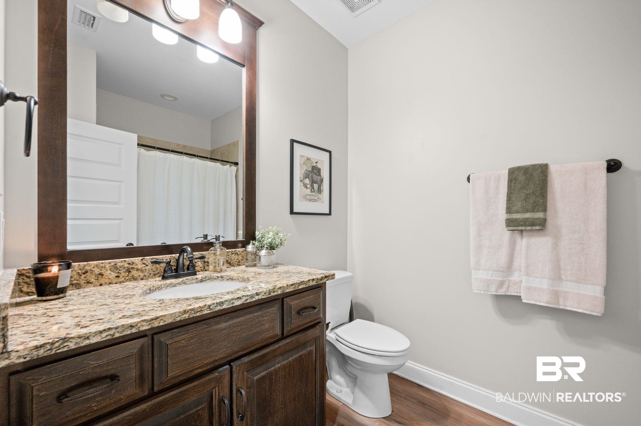 409 Fortune Drive Fairhope, AL 36532 - Photo 24 of 42 Bathroom vanity featuring a granite countertop, undermount sink, dark wood-finish cabinetry, and a framed mirror with integrated lighting