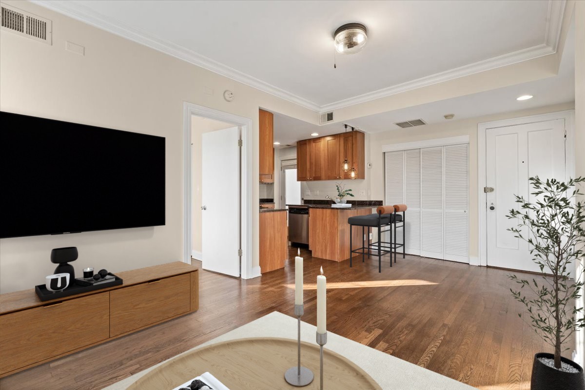 4420 North Ashland Avenue, Unit 3E Chicago, IL 60640 - Photo 6 of 15 a living room with furniture and a flat screen tv
