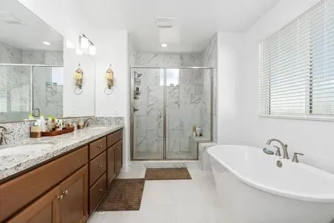 a bathroom with a double vanity sink mirror double and shower