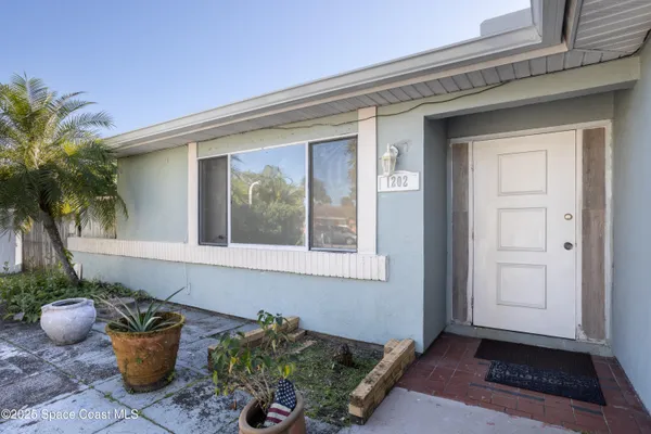 a potted plant sitting in front of a house