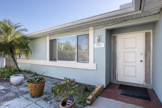 a potted plant sitting in front of a house