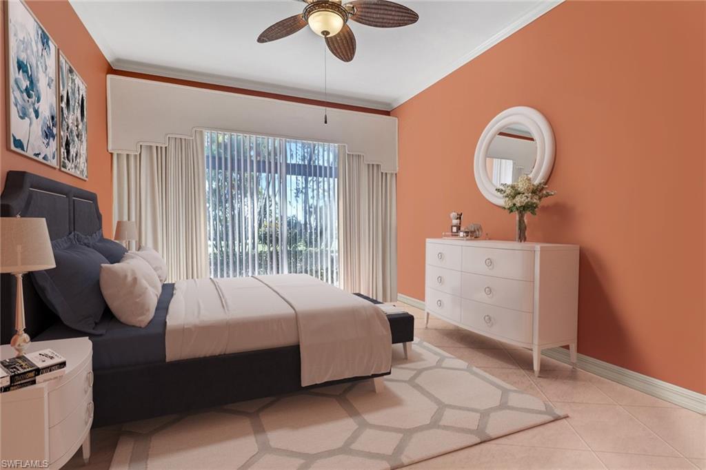11745 Quail Village Way Naples, FL 34119 - Photo 7 of 24 virtually staged Bedroom featuring ceiling fan, light tile patterned floors, and ornamental molding