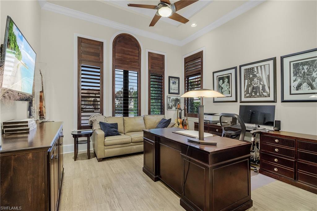 2220 Residence Circle Naples, FL 34105 - Photo 17 of 50 Office featuring ornamental molding, light wood-style floors, a ceiling fan, and recessed lighting