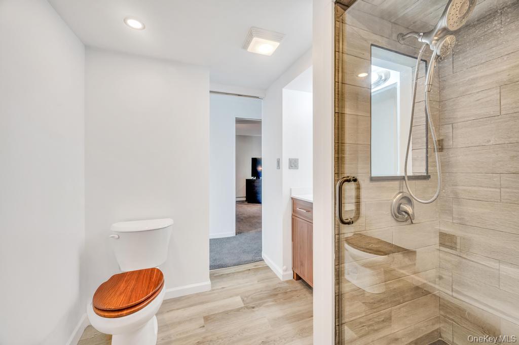 5 Panther Path Miller Place, NY 11764 - Photo 16 of 37 Full bath featuring vanity, a stall shower, light wood-style flooring, and recessed lighting