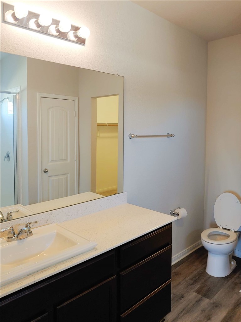 636 Donegal Lane Georgetown, TX 78626 - Photo 8 of 15 a bathroom with a sink a toilet a mirror and vanity