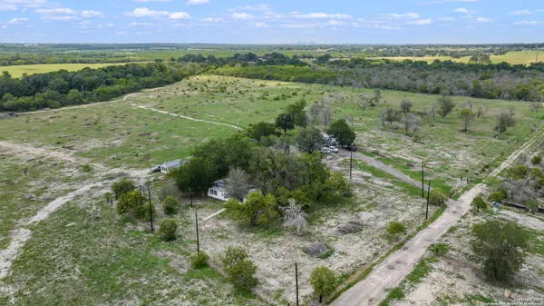 a view of a lush green forest with trees and houses