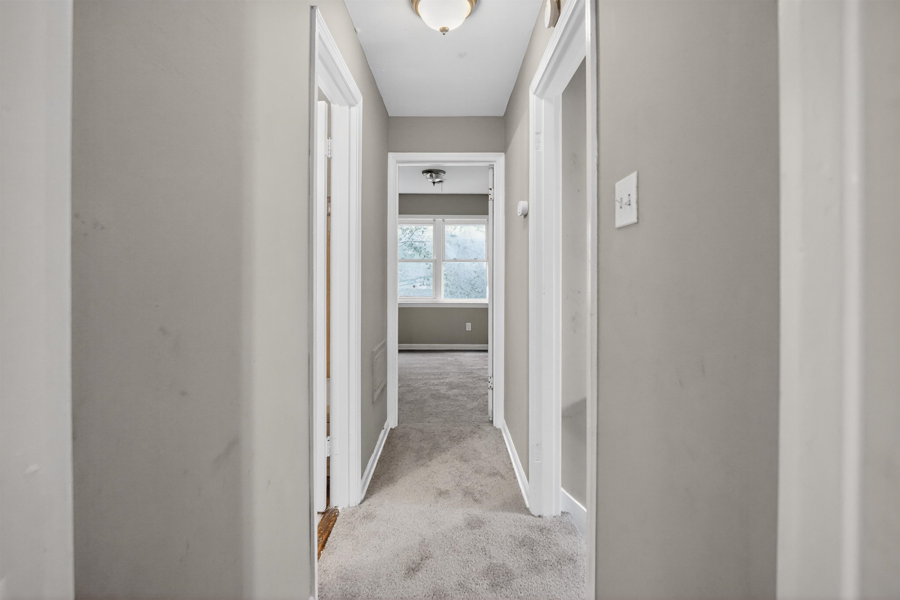 5124 Gill Road Memphis, TN 38109 - Photo 29 of 33 Carpeted hallway with light gray walls, white trim, and an overhead flush mount light fixture