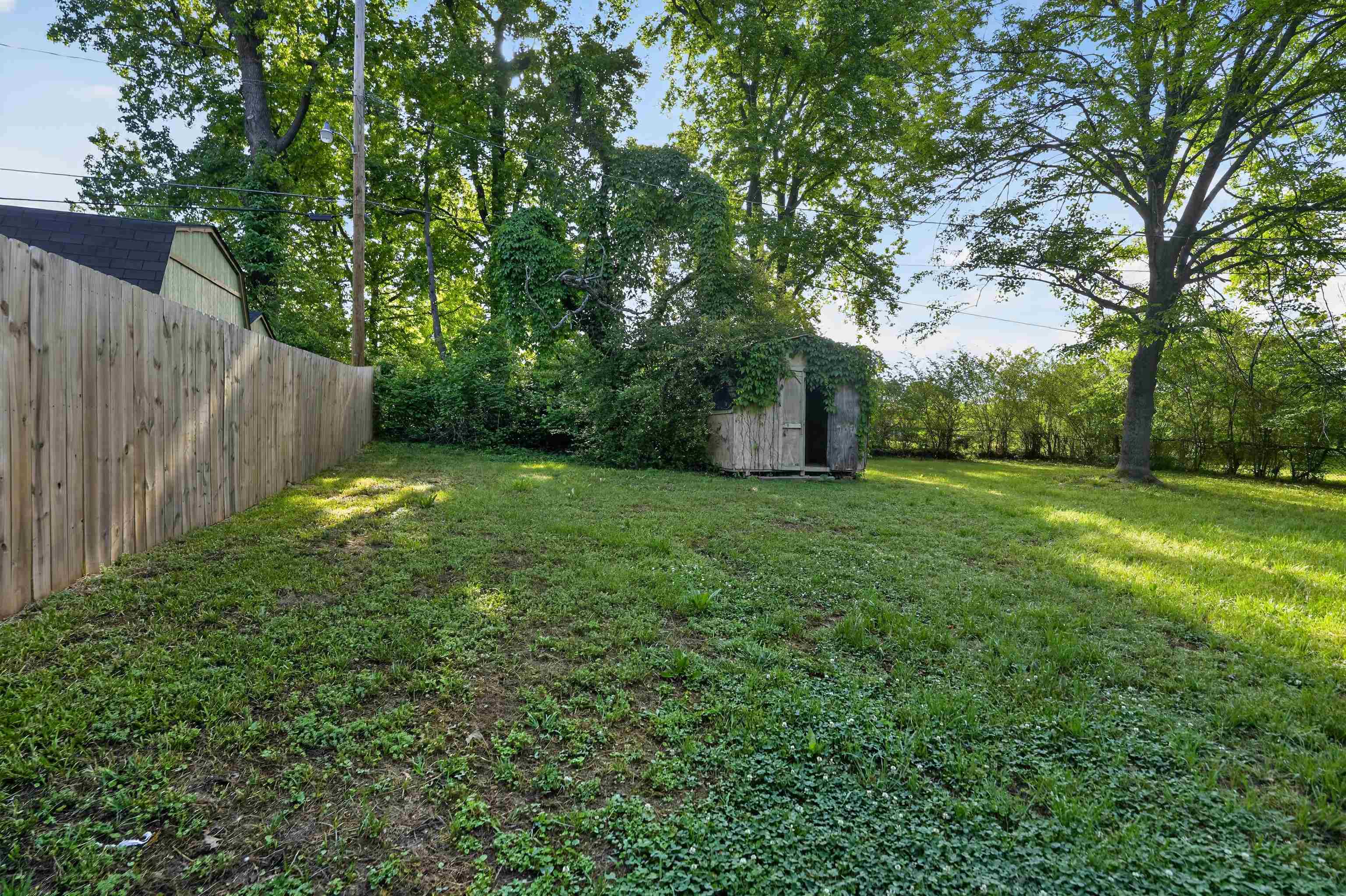 5124 Gill Road Memphis, TN 38109 - Photo 9 of 33 Expansive backyard featuring a natural wood privacy fence, mature trees, a storage shed, and a verdant lawn