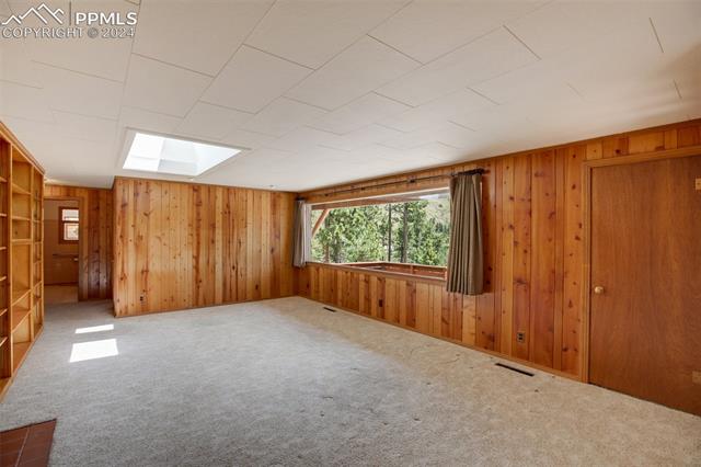 4980 Dodd Road Cascade, CO 80809 - Photo 16 of 48 Carpeted living room featuring wooden walls and large picture window and a skylight