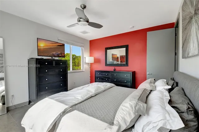 a bedroom with a bed and a flat screen tv