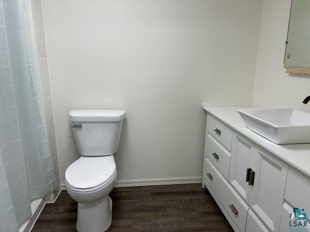 8353 Mannik Road Iron River, WI 54847 - Photo 23 of 52 Full bathroom with dark wood-style flooring, curtained shower, and vanity
