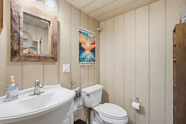 a bathroom with a sink a toilet and shower curtain