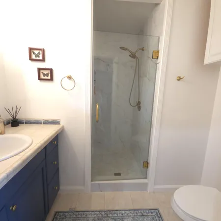 a bathroom with a granite countertop sink a toilet and shower