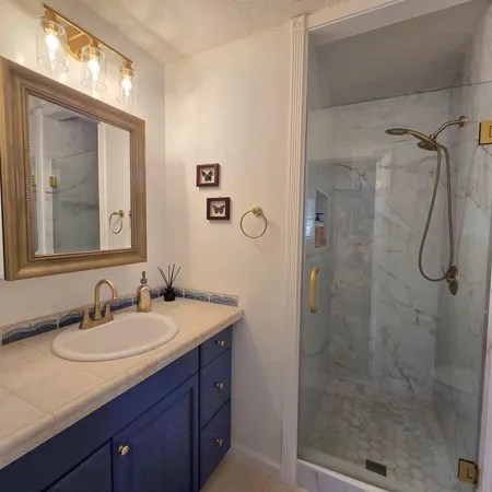a bathroom with a granite countertop sink a shower and a mirror