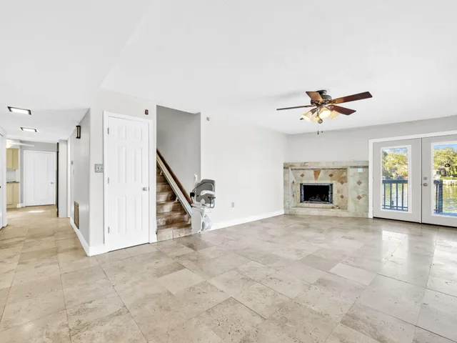 a view of a hallway with a large window