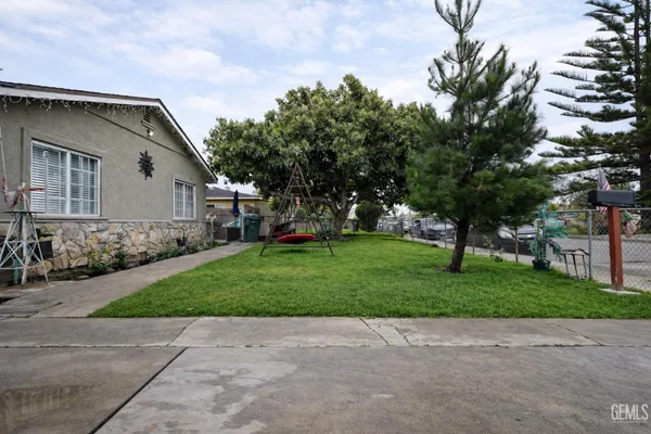 a view of a backyard with plants and a large tree