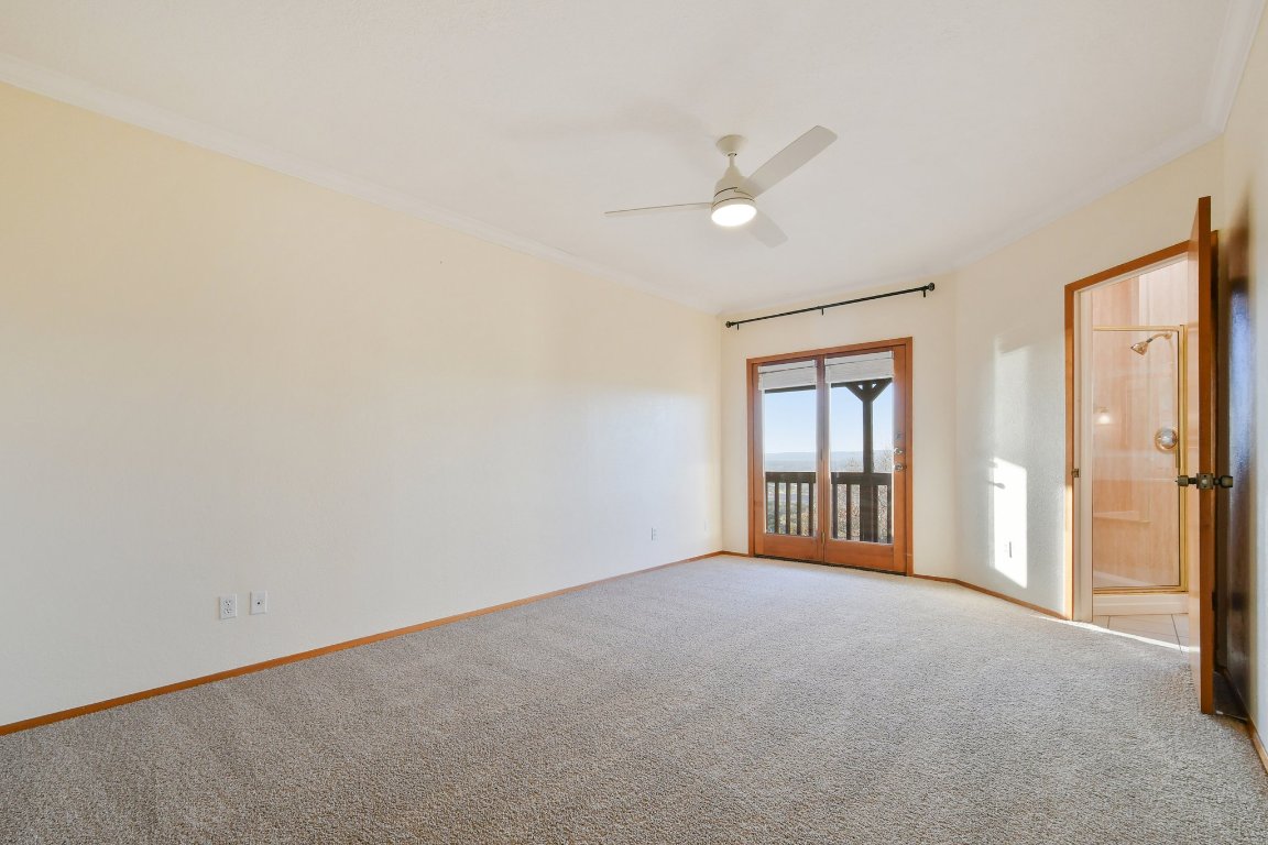 21009 Fawn Ridge Drive Lago Vista, TX 78645 - Photo 17 of 40 Unfurnished room featuring carpet, a ceiling fan, and crown molding