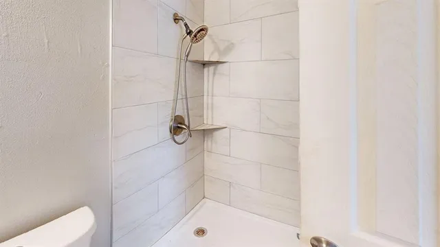 a bathroom with a shower and toilet