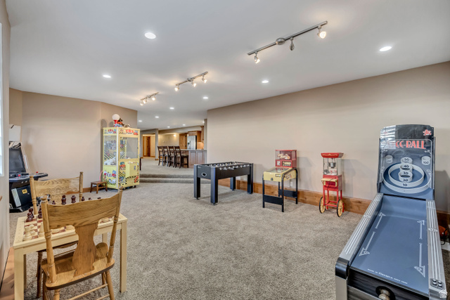 896 West 675 South Mapleton, UT 84664 - Photo 53 of 77 Rec room with recessed lighting, carpet flooring, and rail lighting