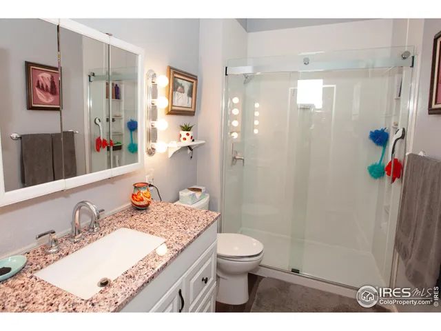 a bathroom with a granite countertop sink a toilet and shower