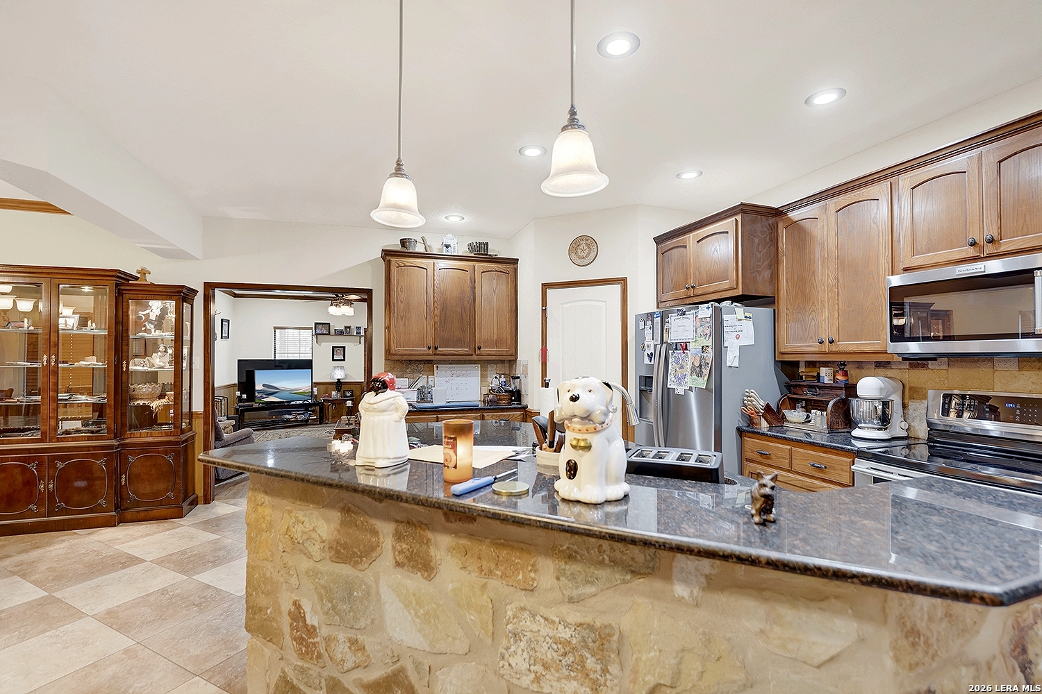 3283 Hartfield Road La Vernia, TX 78121 - Photo 9 of 40 a large kitchen with stainless steel appliances granite countertop a sink counter space and a living room view