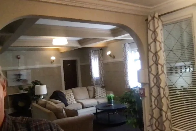 a living room with furniture and a potted plant