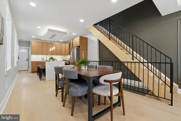 a view of a dining room with furniture