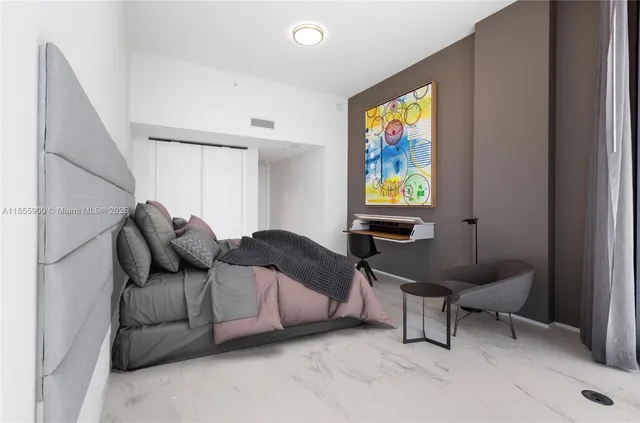 a view of a city with furniture