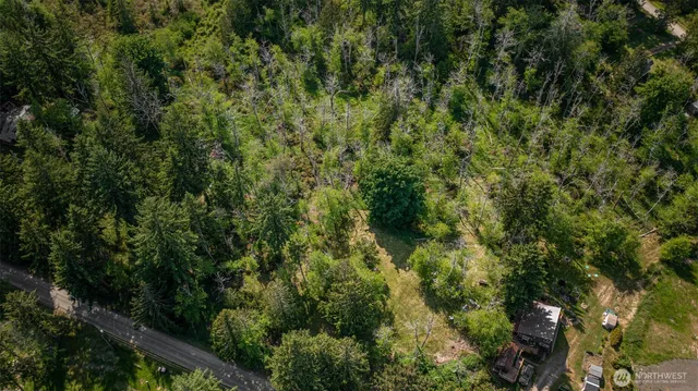 an aerial view of residential house with outdoor space and trees all around