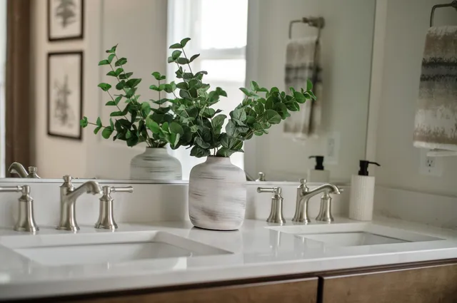 a bathroom with a double vanity sink toilet and a mirror