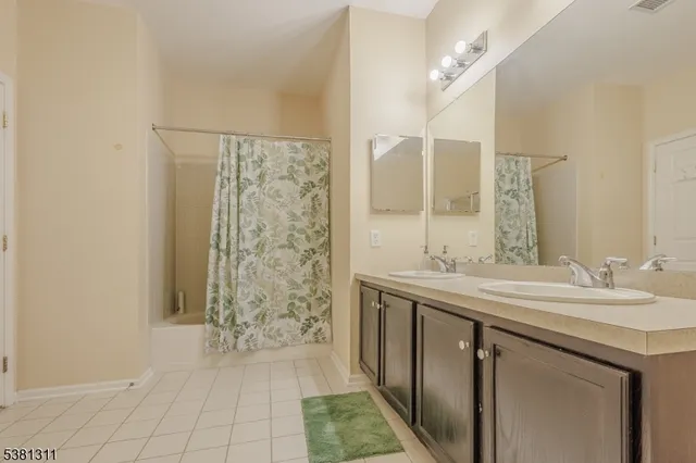 a bathroom with a sink a mirror and a shower