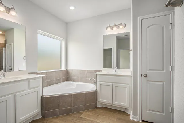 a bathroom with a tub sink and mirror