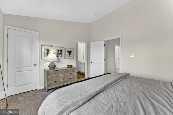 a bedroom with a bed and closet