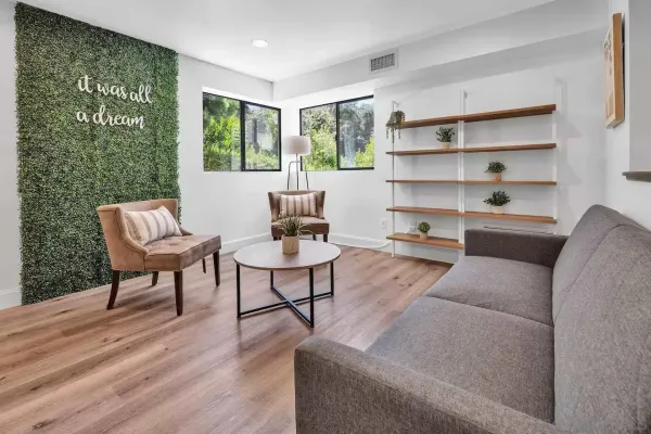 a living room with furniture and a potted plant