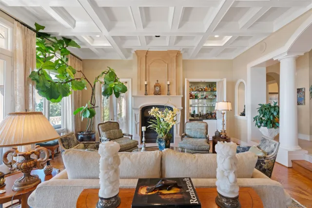 a living room with furniture a chandelier and a fireplace