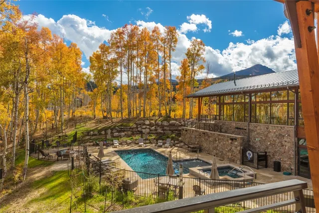 a view of yard with swimming pool and trees in the background