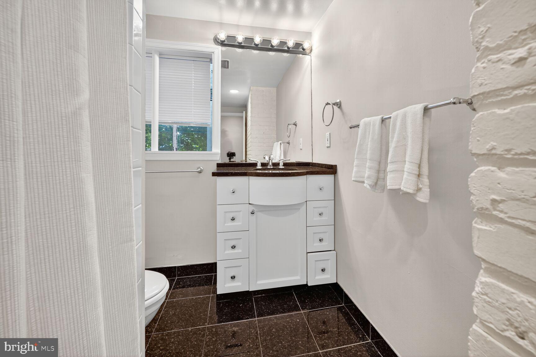 1511 34th Street Northwest Washington, DC 20007 - Photo 17 of 30 a bathroom with a granite countertop sink a mirror and a shower