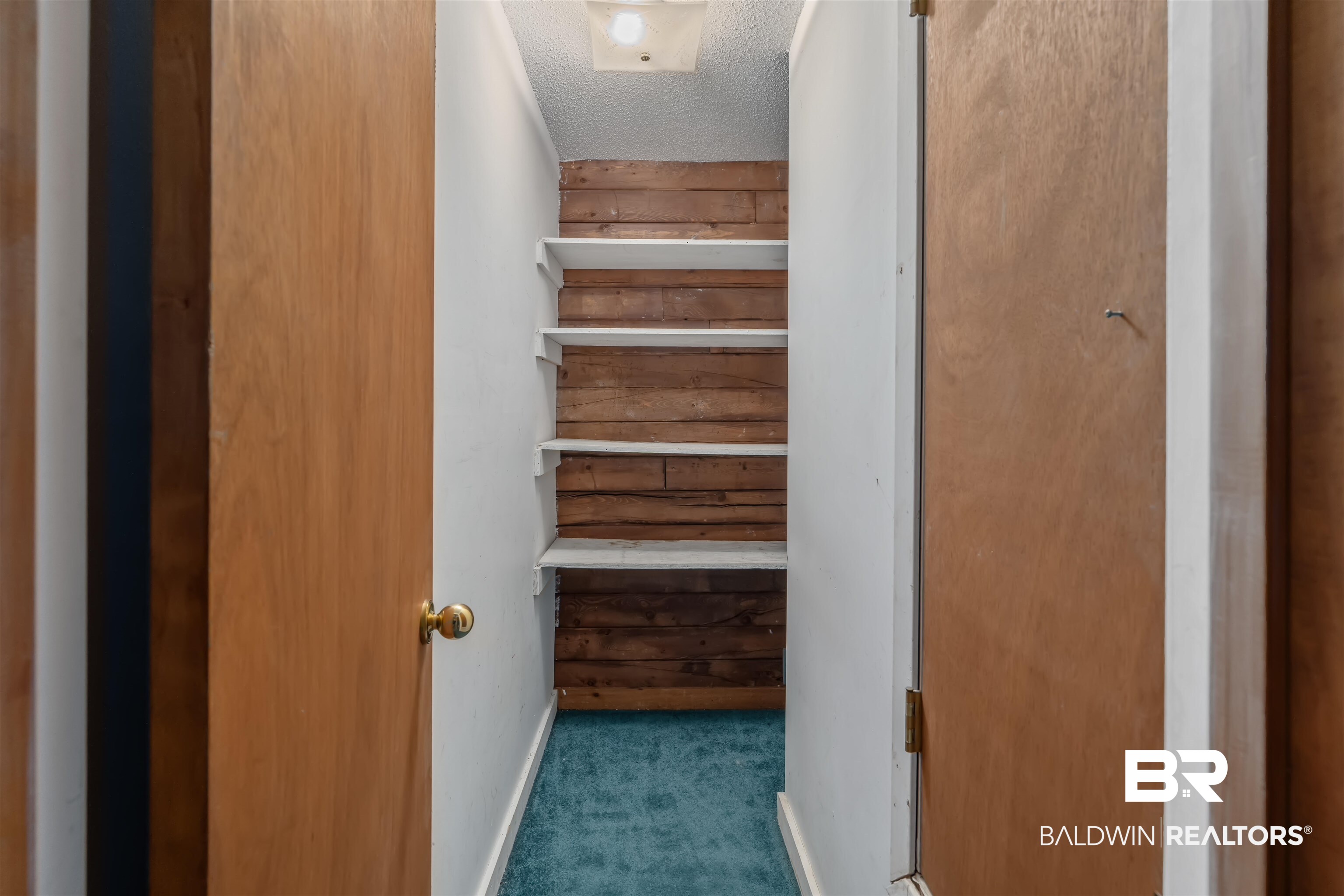 4131 Greaves Road Eight Mile, AL 36613 - Photo 11 of 39 Stairs with carpet floors, a textured ceiling, and wood walls