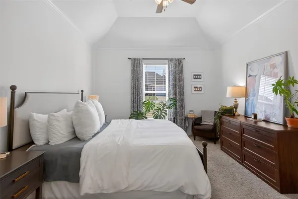 a bedroom with a bed and potted plant on the dresser