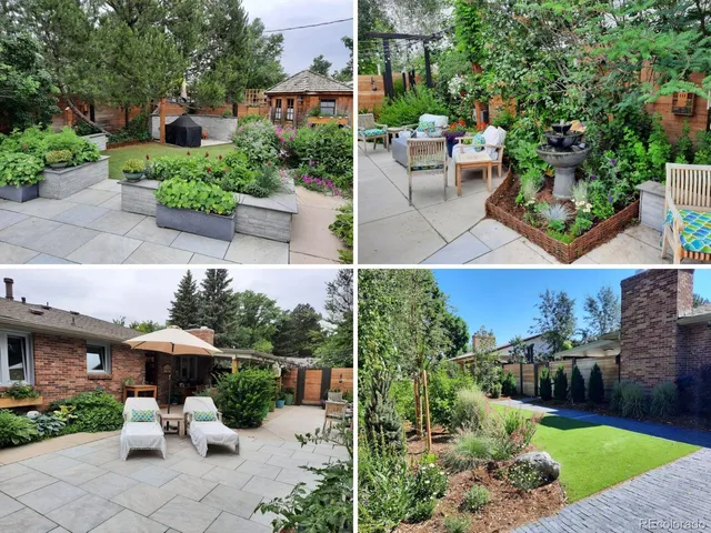 a view of a patio with furniture and garden