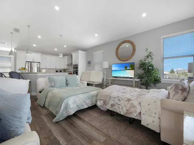 a living room with furniture and a table