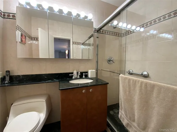 a bathroom with a granite countertop sink a toilet a mirror and shower
