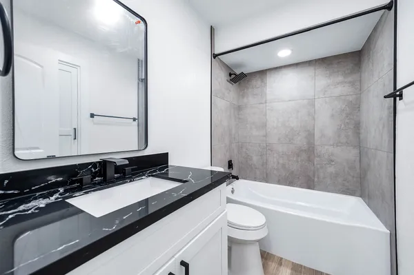 a bathroom with a sink a toilet a mirror and bathtub
