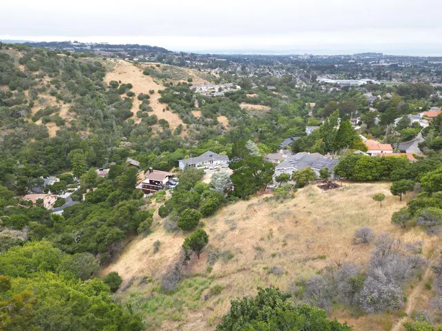 an aerial view of residential houses with outdoor space and trees