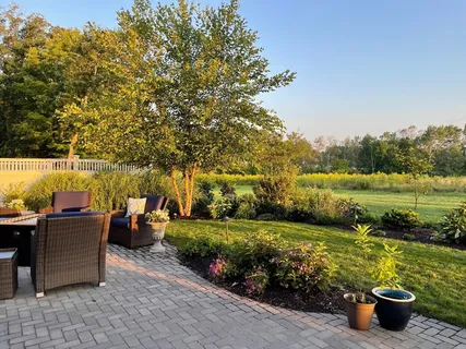 a view of a garden with lawn chairs