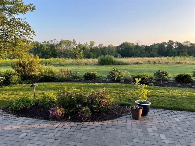 a view of a lake with a garden