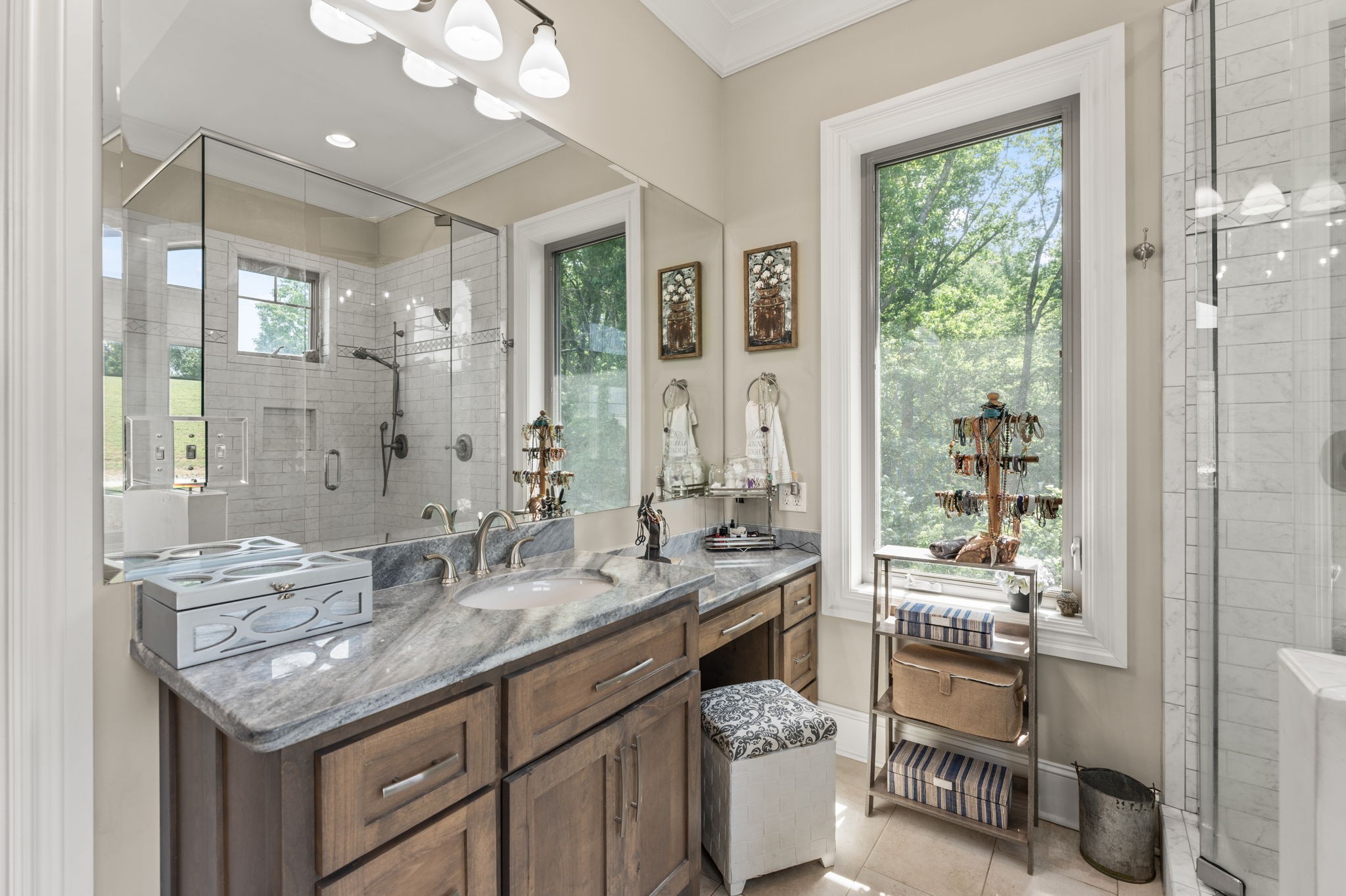 236 Beech Hill Drive Winchester, TN 37398 - Photo 52 of 70 a bathroom with a granite countertop sink a large mirror and a shower