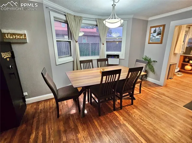 a view of a dining room with furniture window and wooden floor