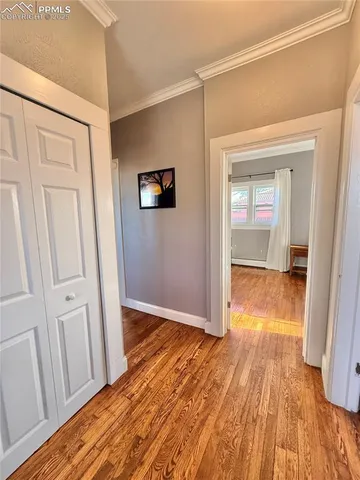 a view of a hallway with wooden floor and closet