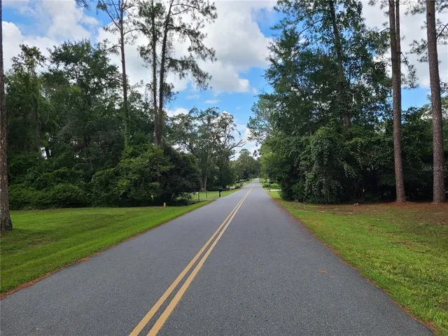 a view of a field with a trees in the background